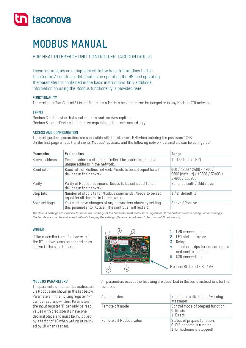 TacoTherm Dual Zepto | Modbus Manual for HIU controller TacoControl Z1